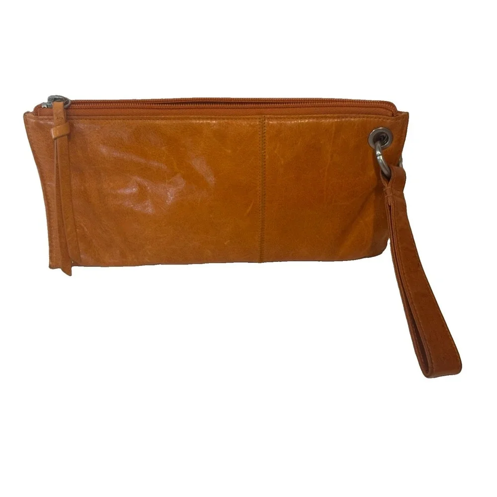 HOBO The Original Orange Leather Wristlet Clutch Bag Geometric Lining Grommet